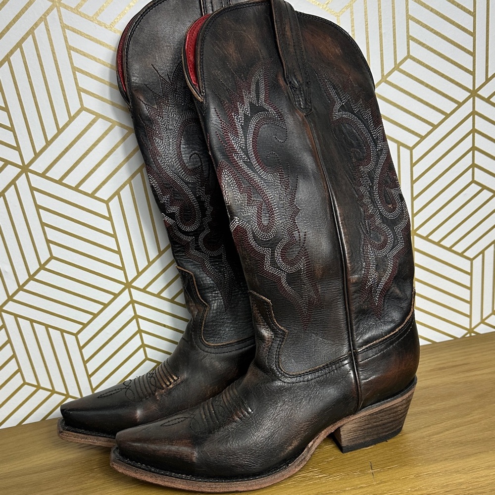 Freebird Brown and Red Heeled Boots with Western Flair